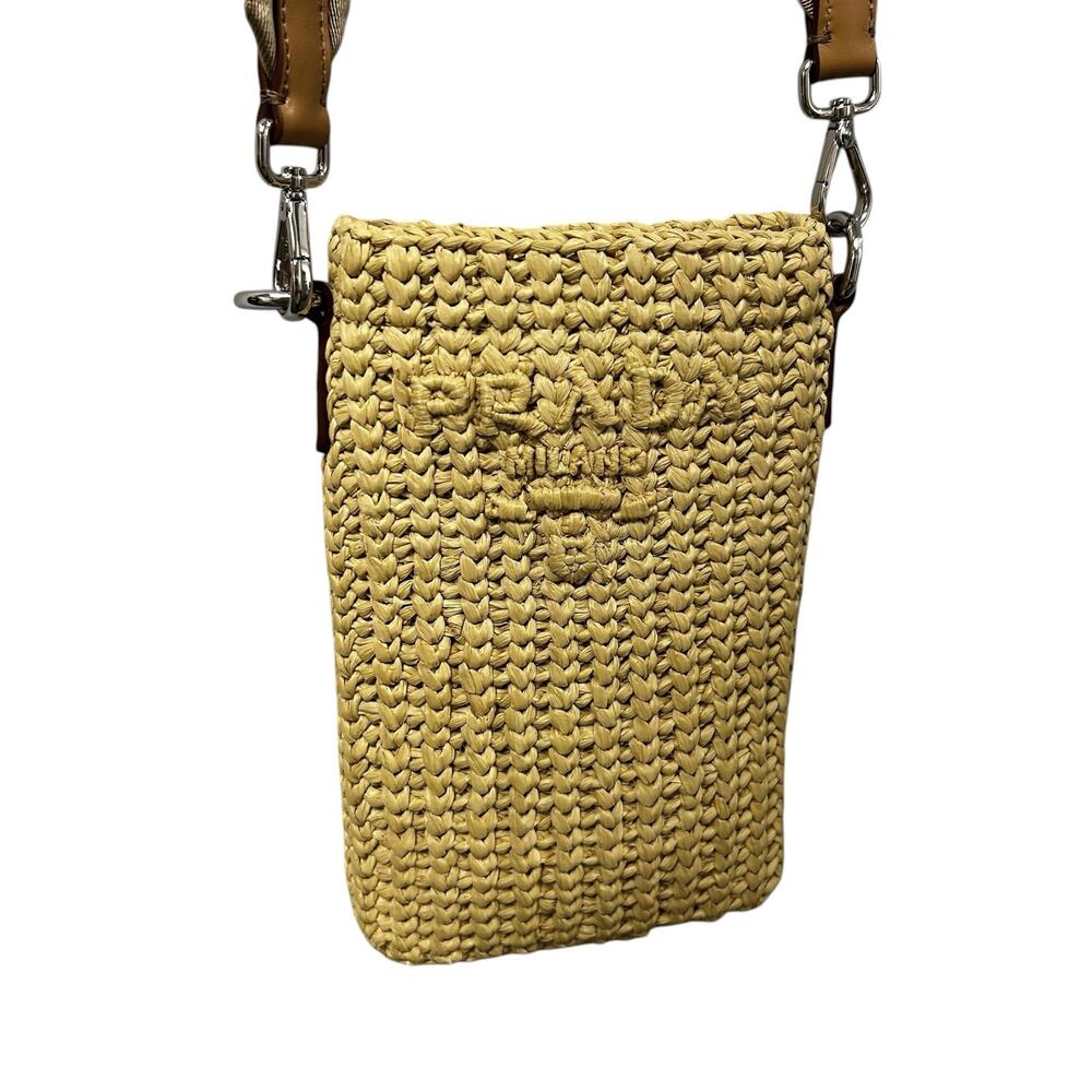 Prada Natural Tan Crochet Raffia Smartphone Case Drawstring Crossbody Bag - Picture 3 of 9